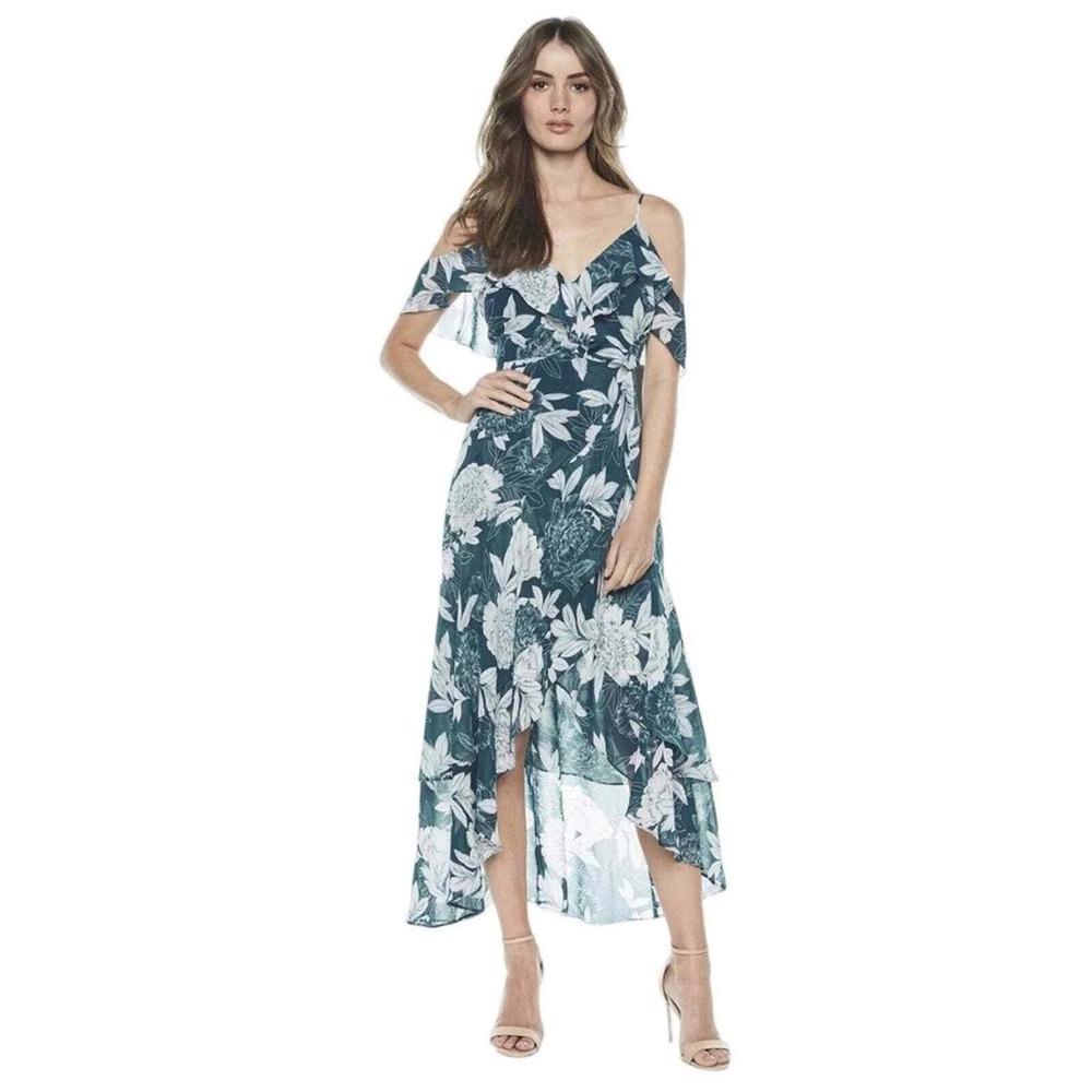 Bardot Garden Party Floral Ruffle Hi-Lo Dress Womens 6 Teal White Ruffle Chiffon